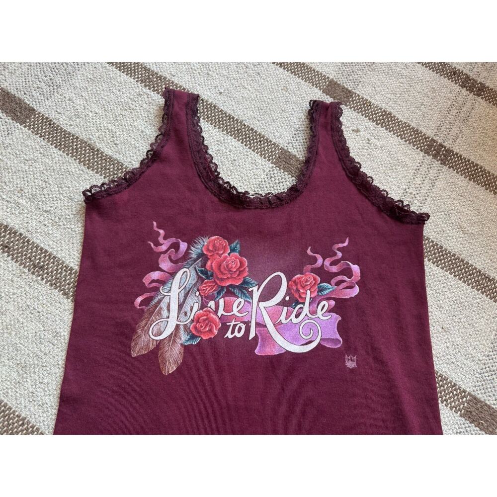 Cmj Y2k Lace Tank Top Women’s Large Chopper Design Love To Ride Maroon Usa View 2